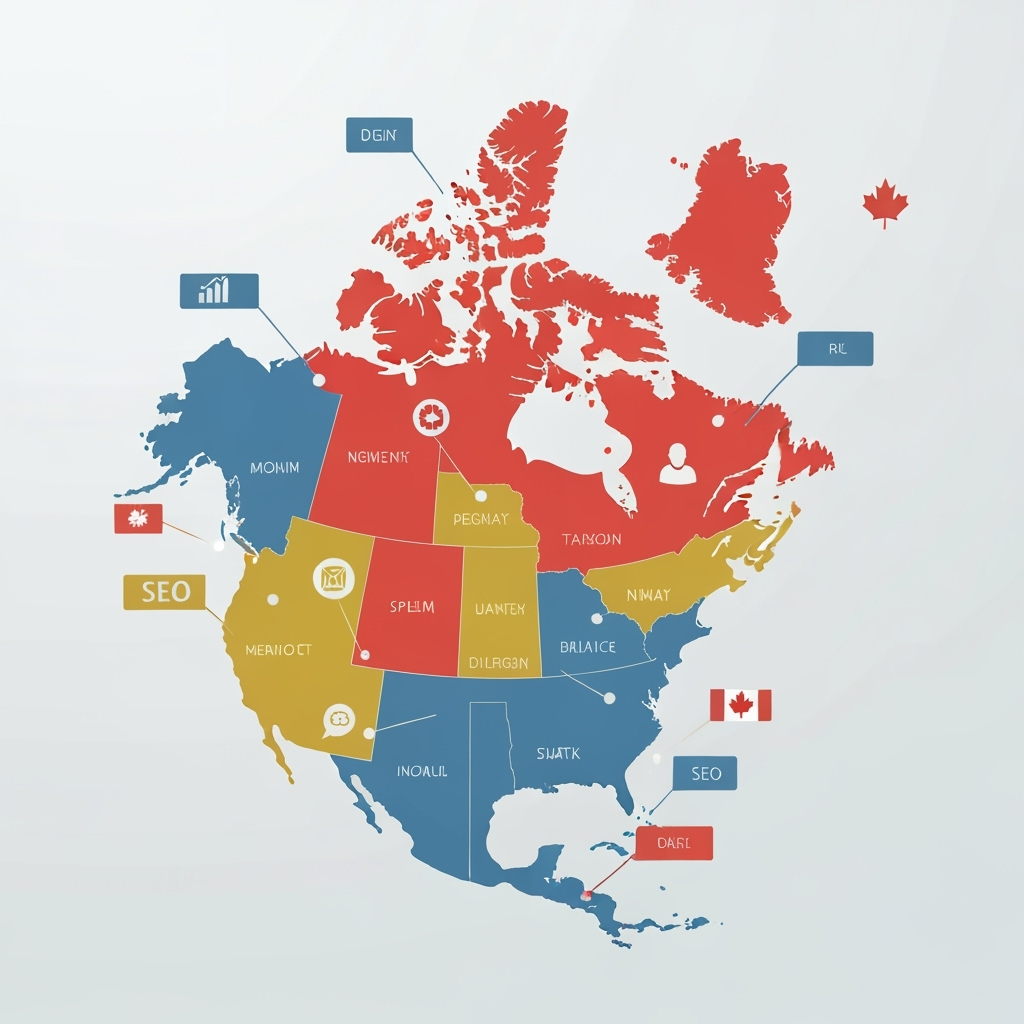 Canadian map with digital marketing icons and provincial highlights showing market expertise
