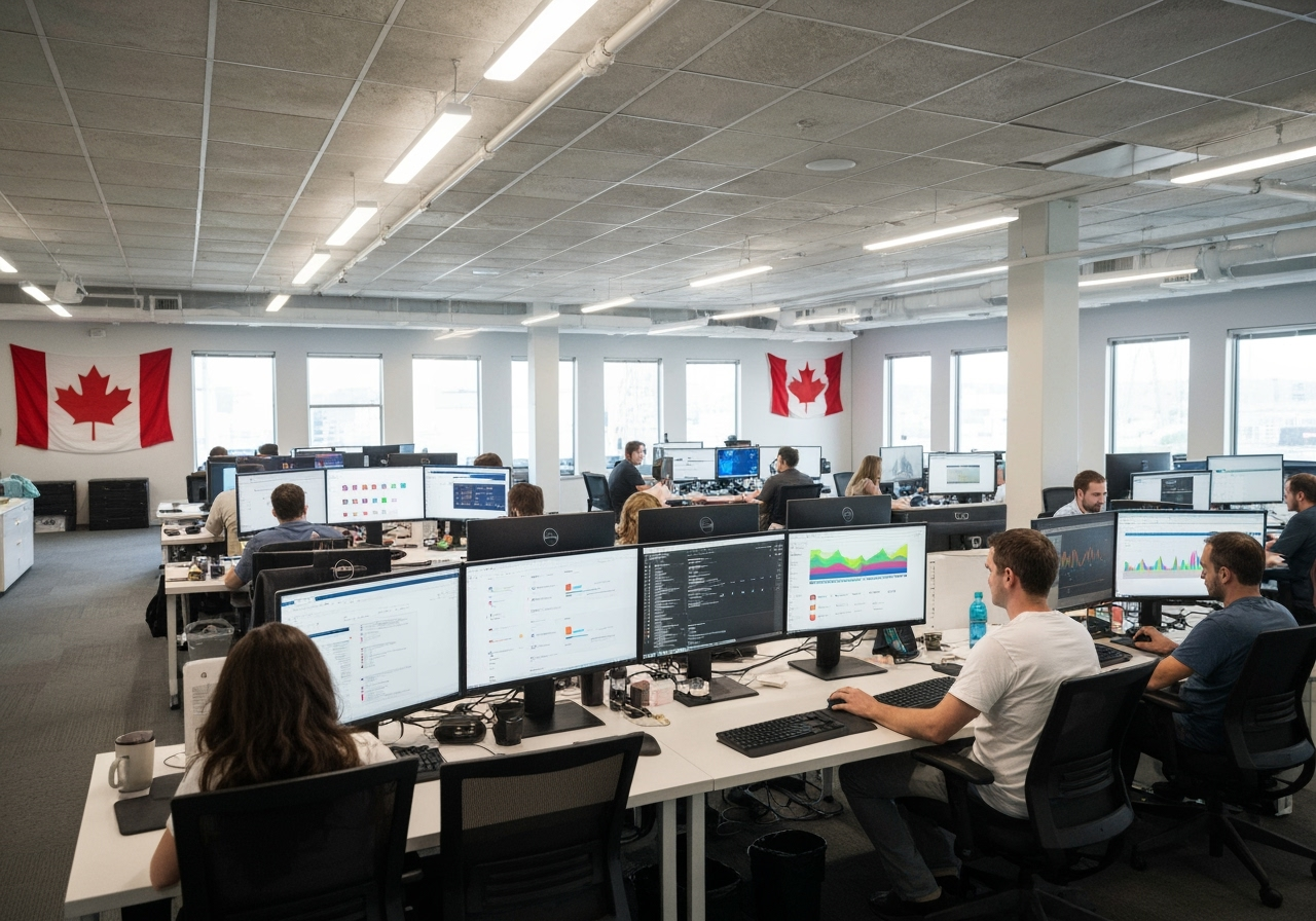 Modern Calgary office with large team of digital marketing professionals working on advanced technology