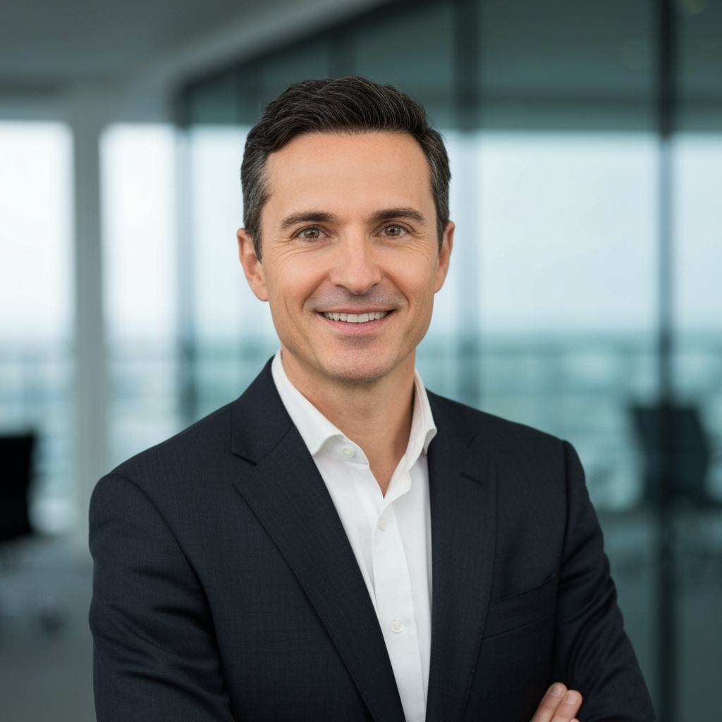 Professional headshot of CEO and Founder, confident business leader in suit