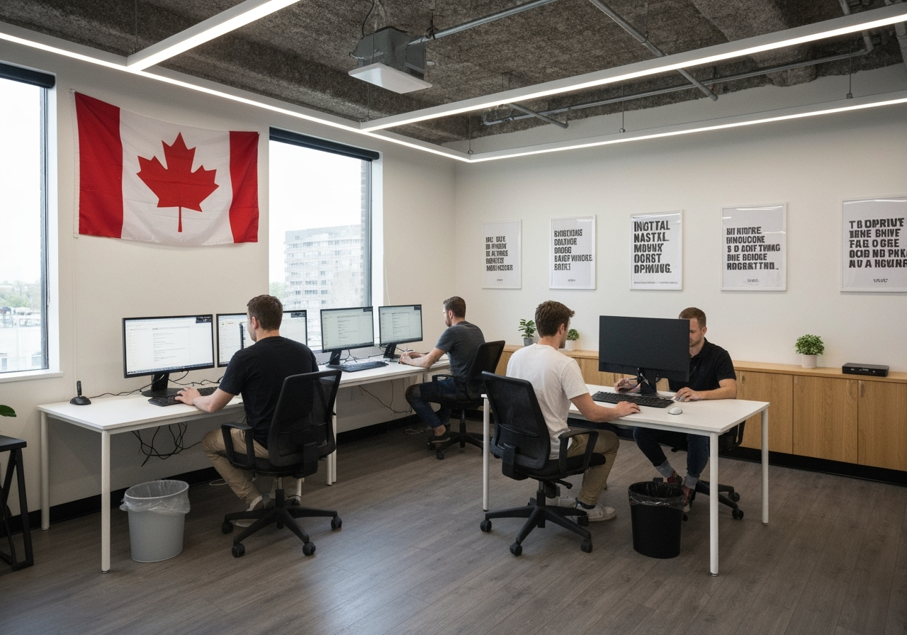 Small modern office space in Calgary with three people working at computers, Canadian flag visible