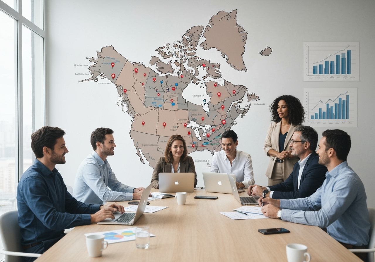 Team meeting with Canadian map on wall showing expansion across provinces