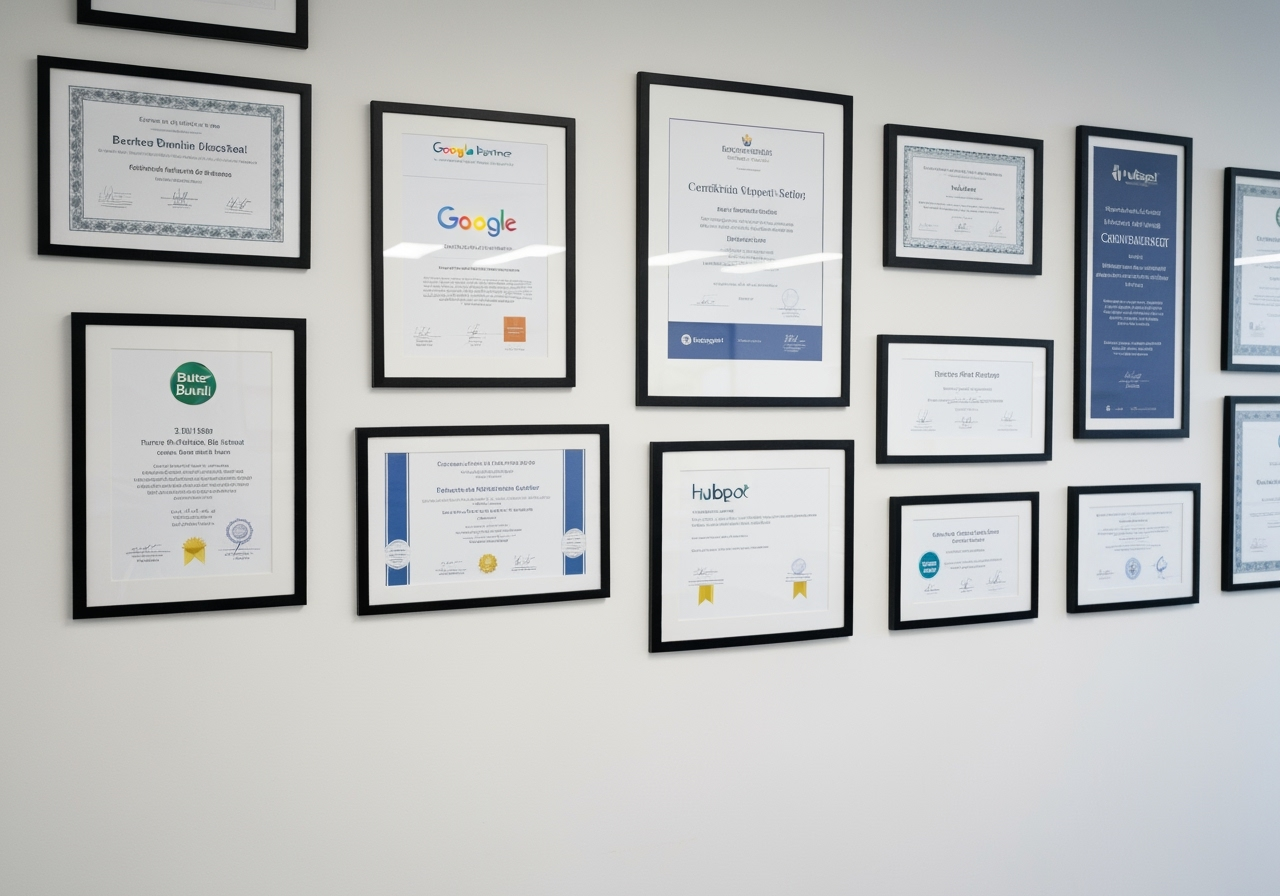 Wall of certificates and awards including Google Partner, HubSpot, and BBB accreditation