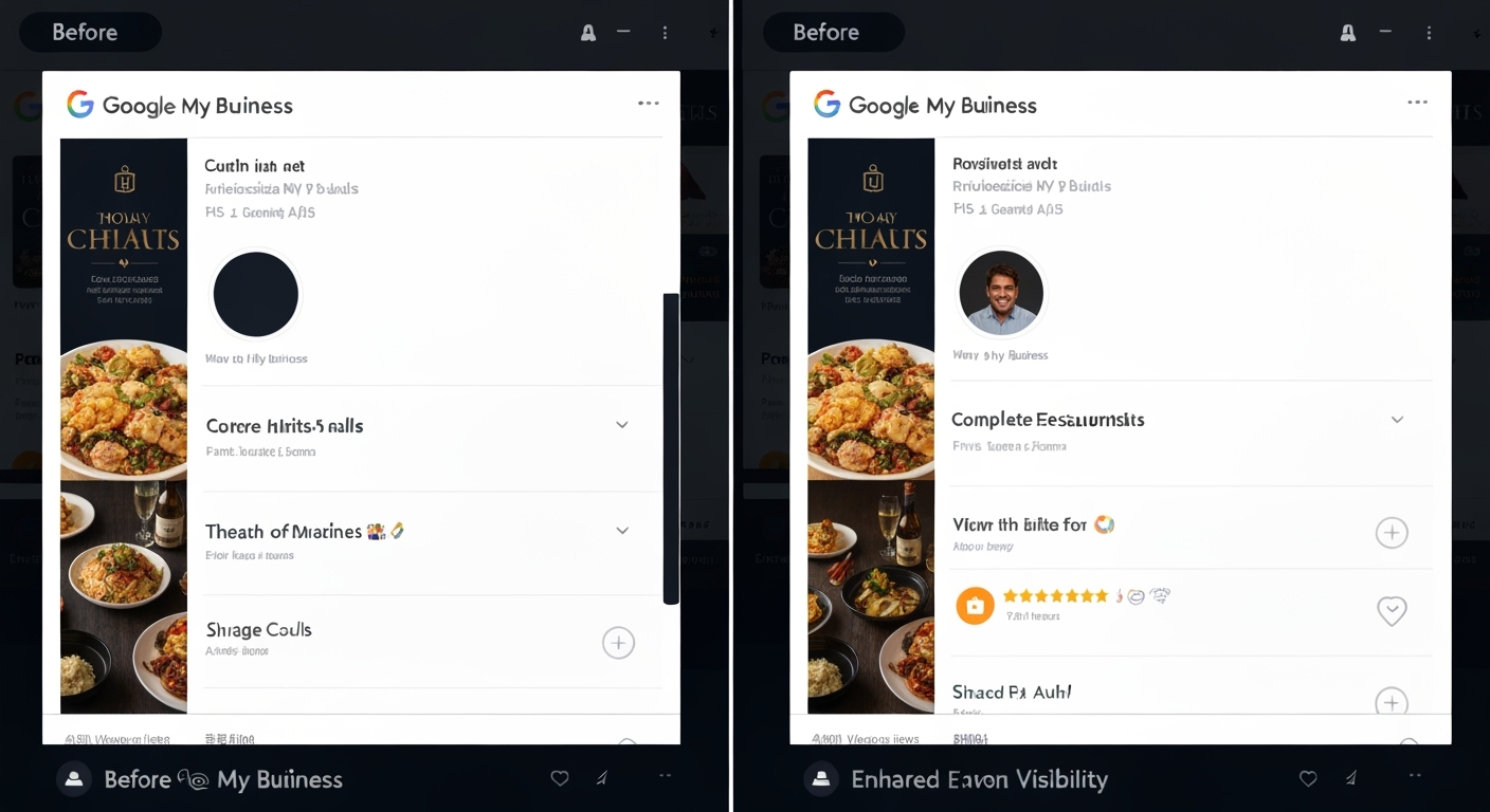 Before and after Google My Business listings comparison showing optimized restaurant profiles