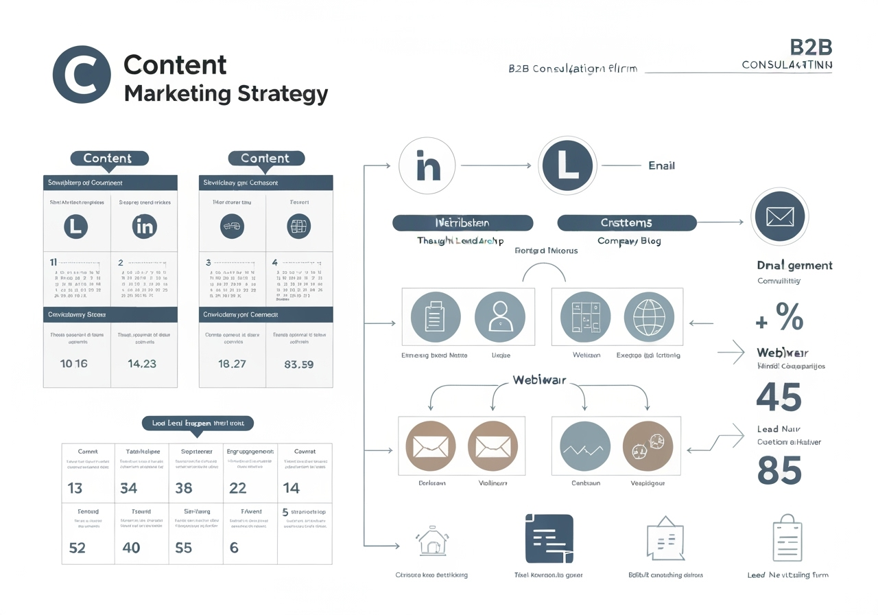Content marketing strategy visualization showing thought leadership content distribution across multiple channels