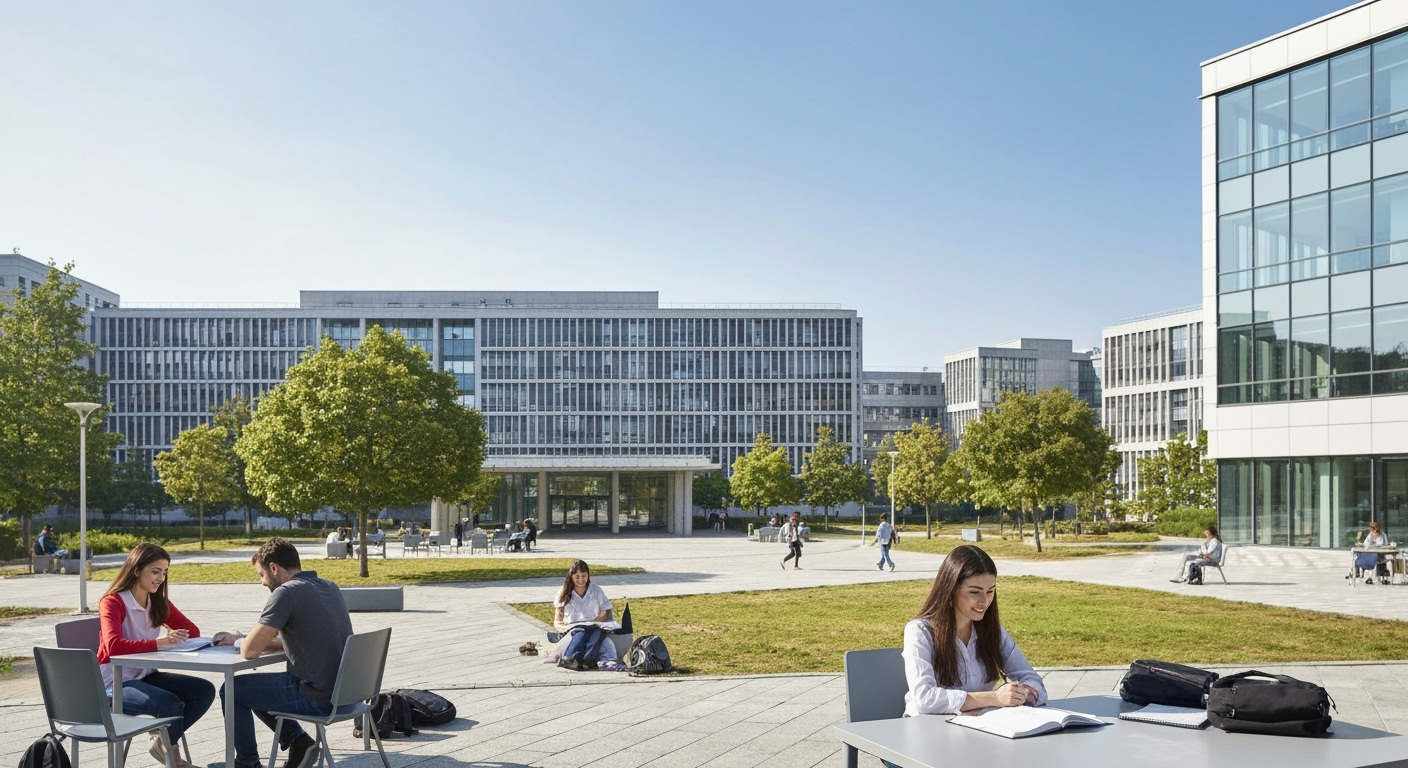 Educational institution enrollment marketing showing university campus and student engagement