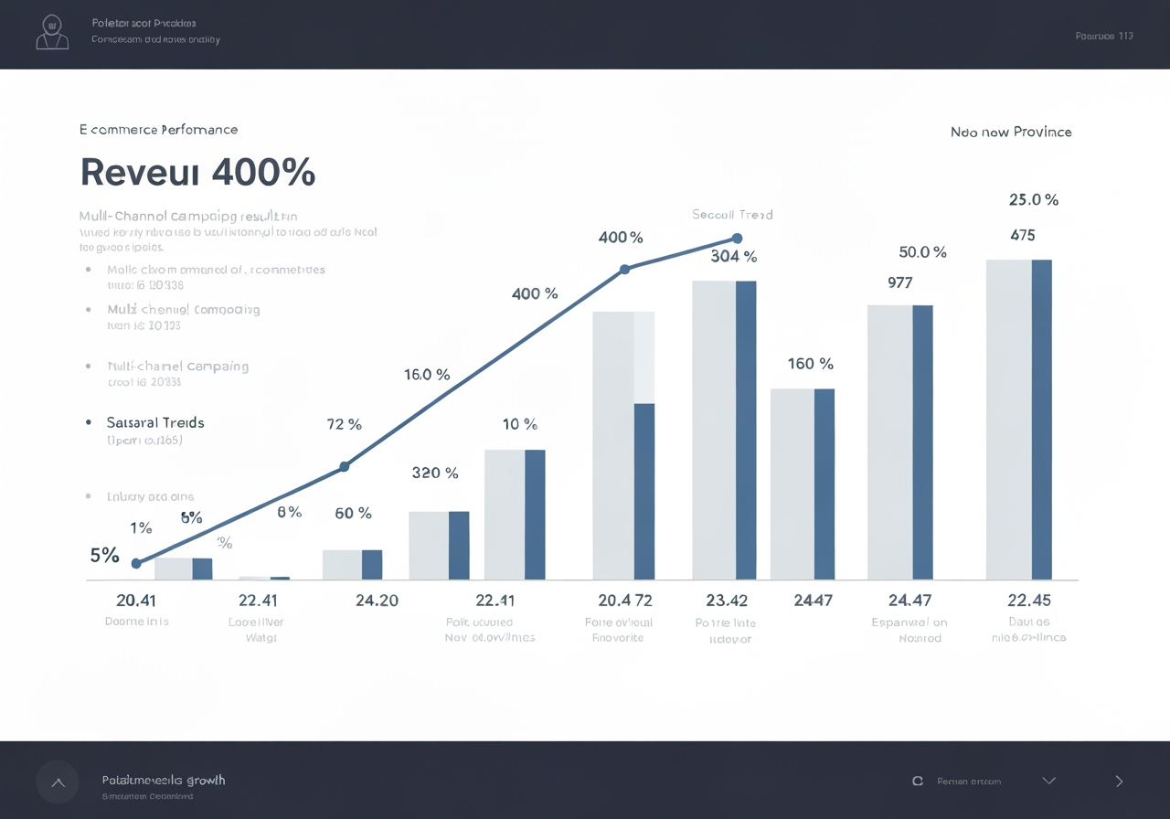 Growth trajectory visualization showing 400% revenue increase over campaign period with detailed metrics