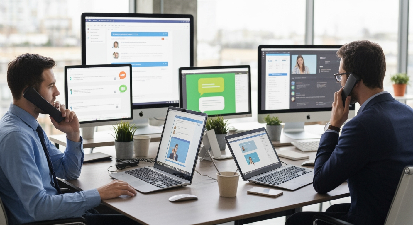 Digital communication channels and customer support team responding to client inquiries