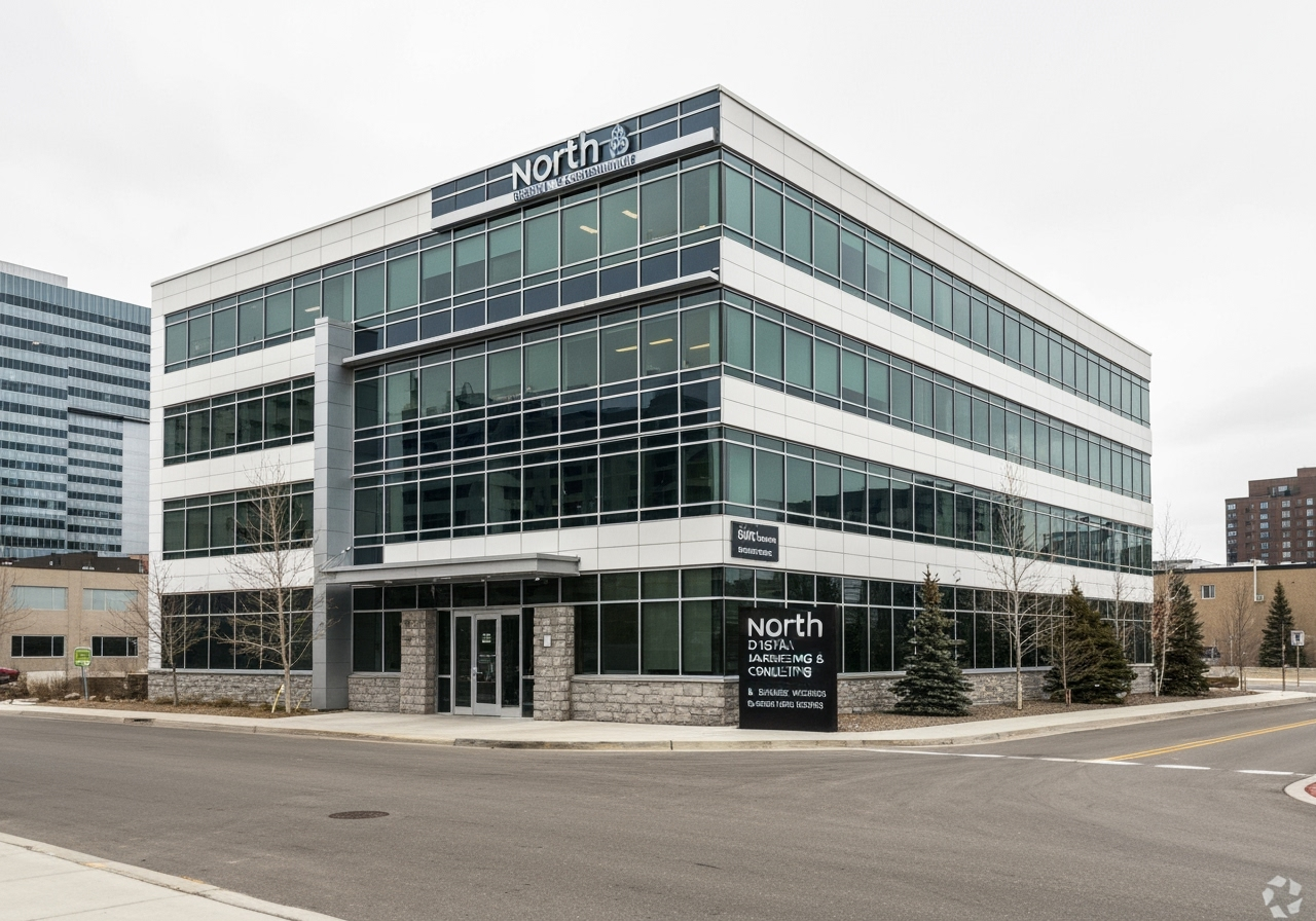 Modern office building in Calgary with North Digital Marketing signage
