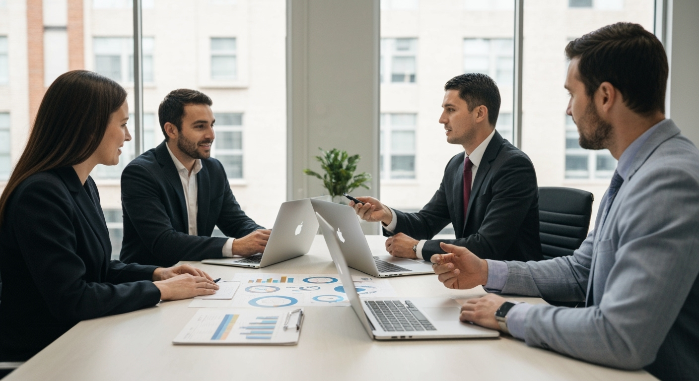 Professional consultation meeting between digital marketing experts and business owners in Calgary office