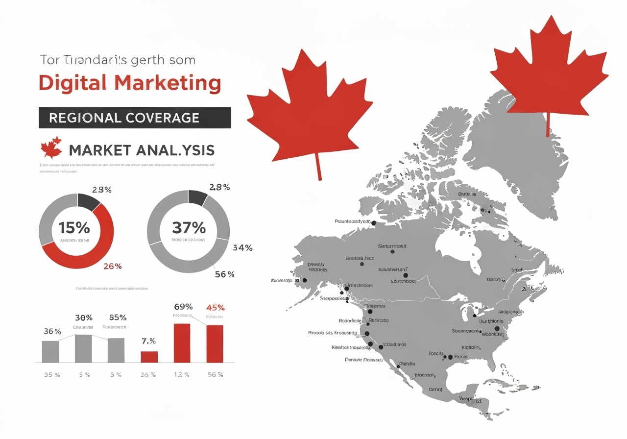 Canadian digital marketing expertise visualization with maple leaf and market analysis charts