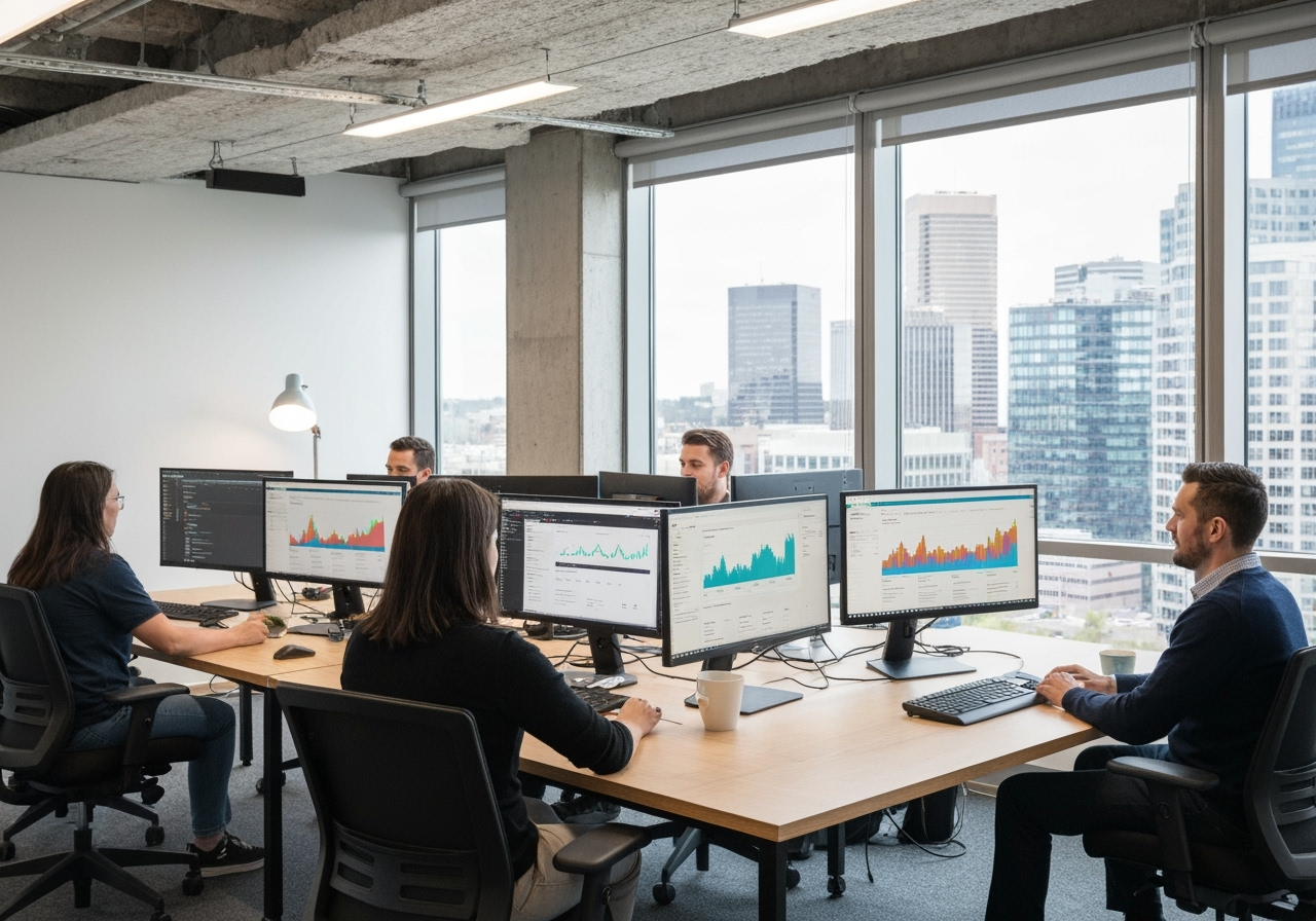 Modern Calgary office interior with digital marketing team working on client campaigns