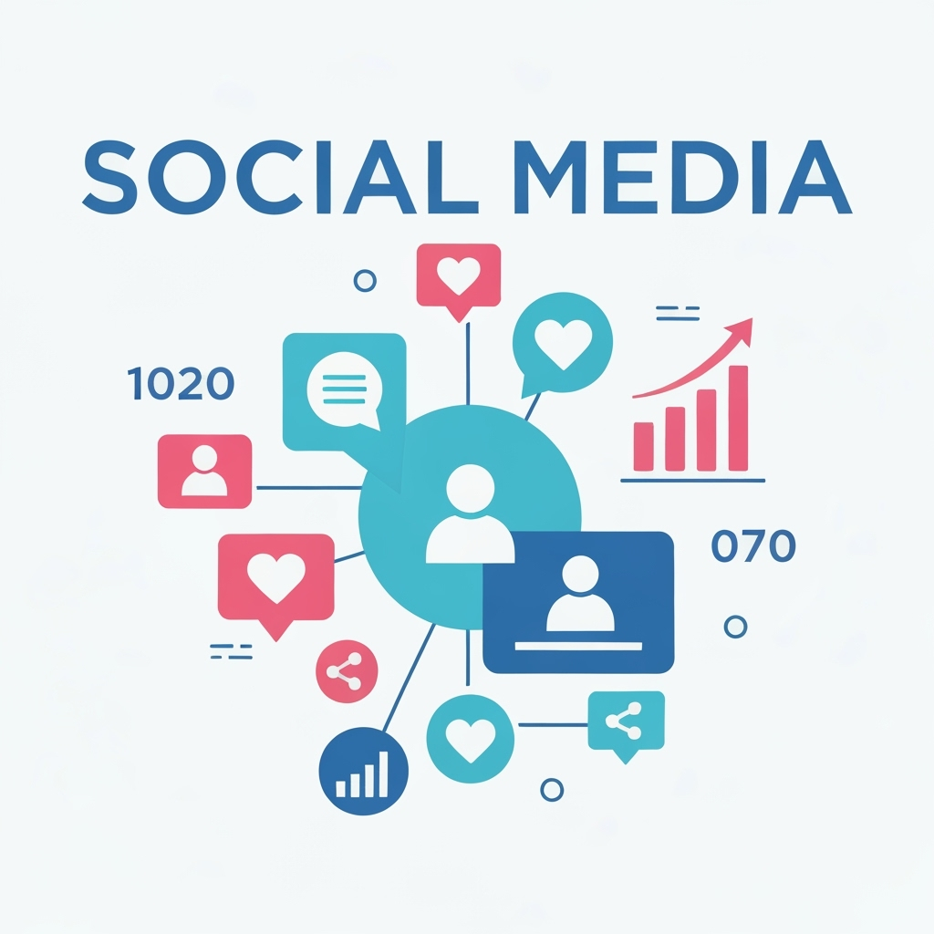 Social media marketing icon with engagement metrics and platform logos