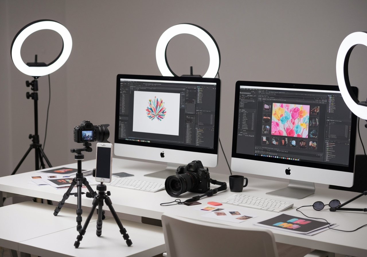 Content creation workspace with camera equipment, design tools, and social media content being produced
